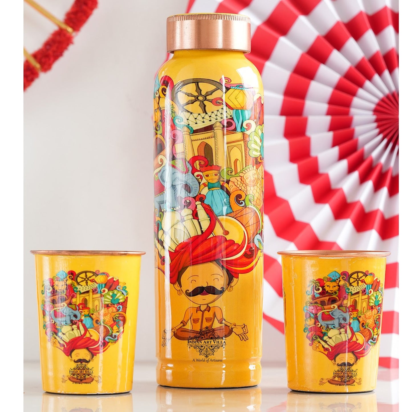 Rajasthani Meena "Padharo Mhare Desh" Printed Copper Bottle & Glass Set