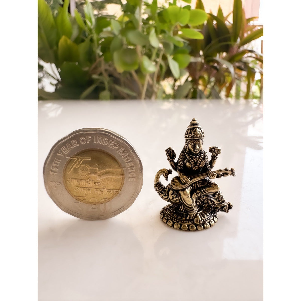 Brass Miniature Saraswati Ji Murti on Peacock - 2.90 CM