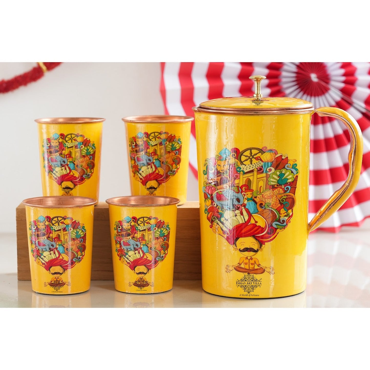 Pure Copper Printed Padharo Mhare Desh Jug & Glass Gift Set