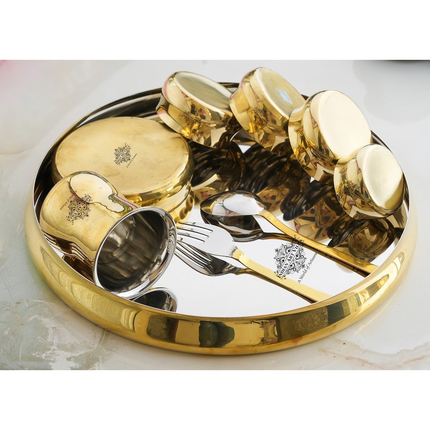 Steel Brass Curve Thali Set 9 Piece, Hammered Antique Finish Design Dinner Set