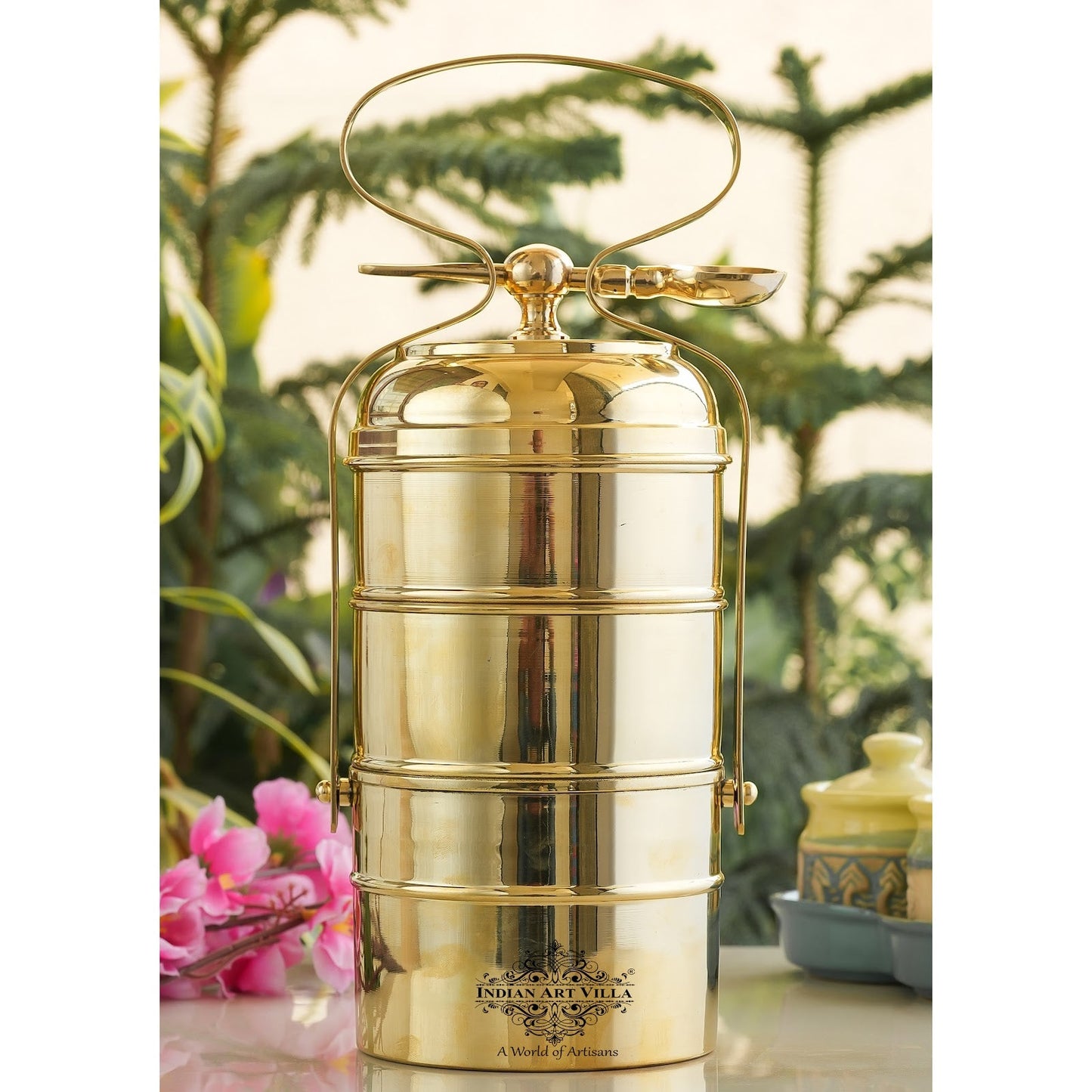 Brass Vintage Design Plain Tiffin with Tin Lining, Traditional Tiffin Box with Spoon, 3 Piece