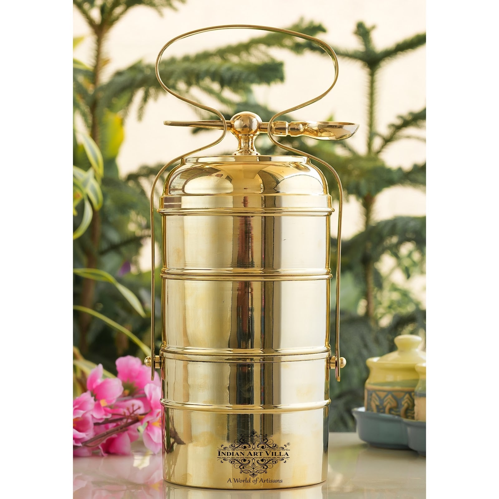 Brass Vintage Design Plain Tiffin with Tin Lining, Traditional Tiffin Box with Spoon, 3 Piece