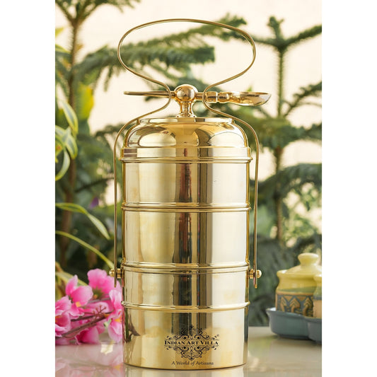 Brass Vintage Design Plain Tiffin with Tin Lining, Traditional Tiffin Box with Spoon, 3 Piece