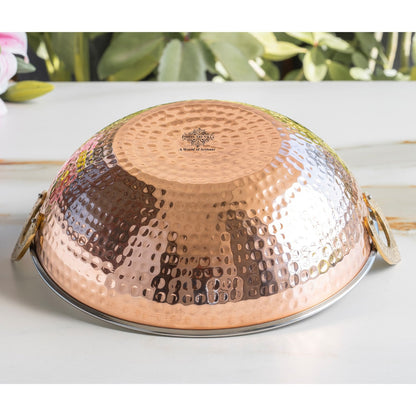 Steel Copper Hammered Design Kadhai - Elegant Serveware with Brass Handles, Traditional Indian Tableware for Dining, Special Occasions & Gifting