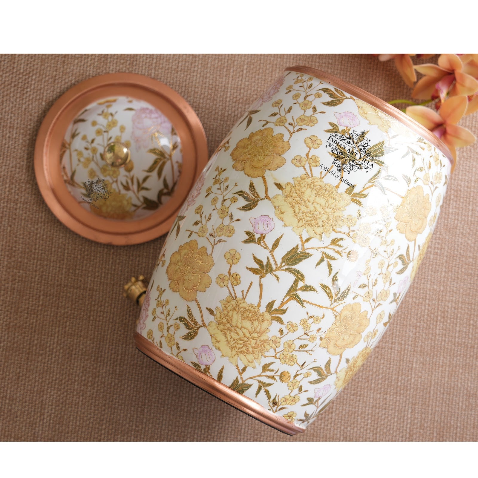 Handcrafted Pure Copper Water Pot with Gold Print Design, Ayurveda Water Vessel, 10 Ltr.