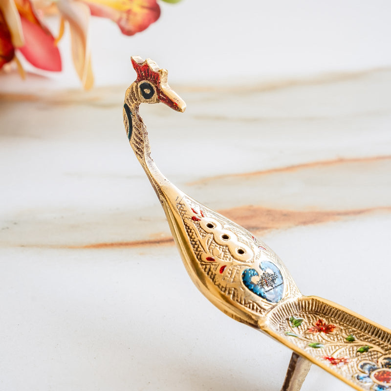 Pure Brass Agardan With Peacock Design Incense Holder - 26.16 cm