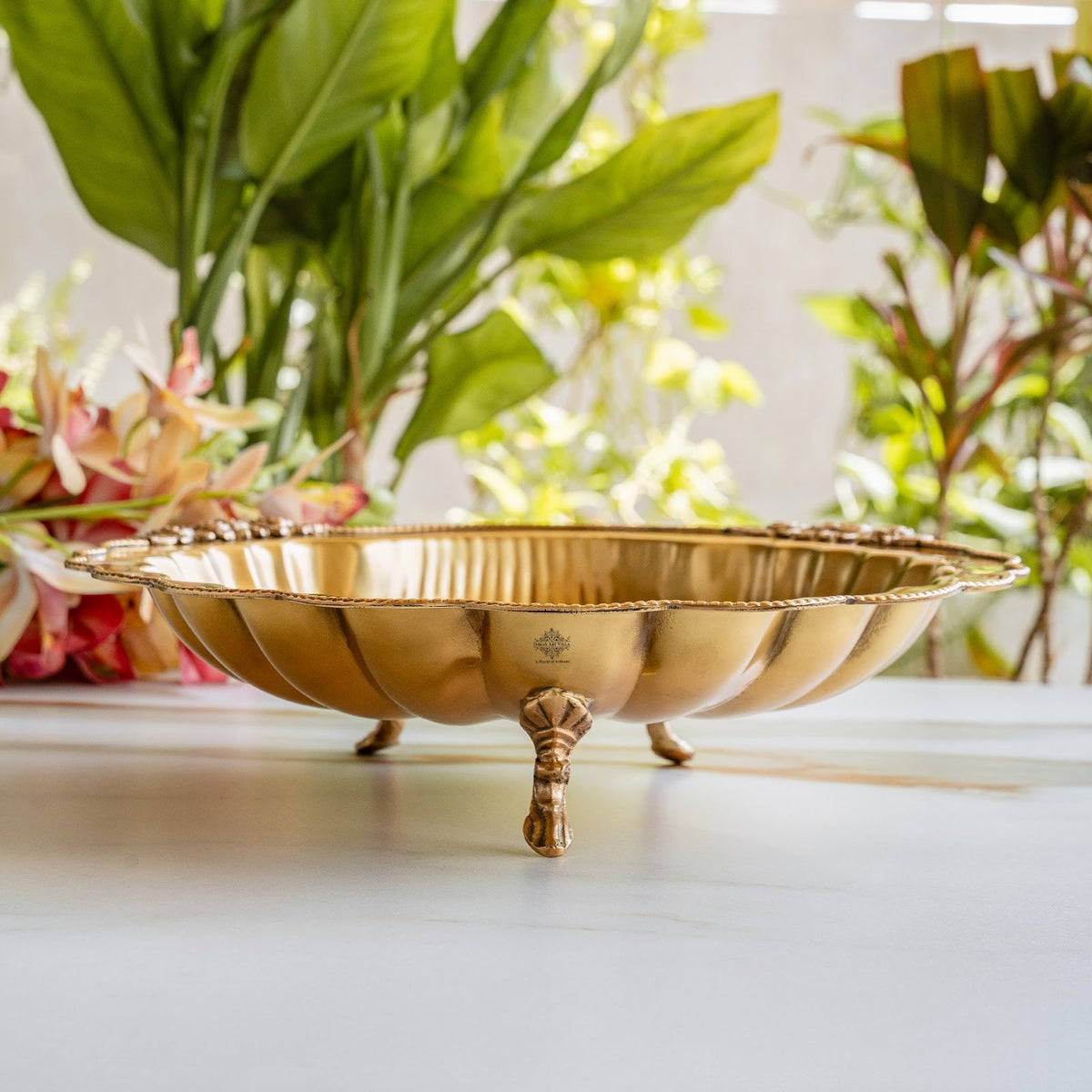 Pure Brass Decorative Platter with Scalloped Edge & Ornate Design - 33.78 cm