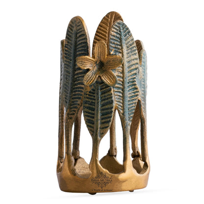 Gold Finish Green Leaf Design Decorative Cutlery Stand– Elegant Handcrafted Multipurpose Holder, Ideal for Dining Table, Kitchen, and Gifting