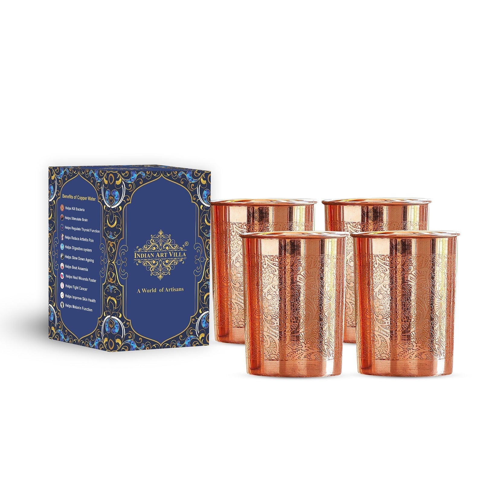 Pure Copper Glass With Handcrafted Embossed Design 275 ML