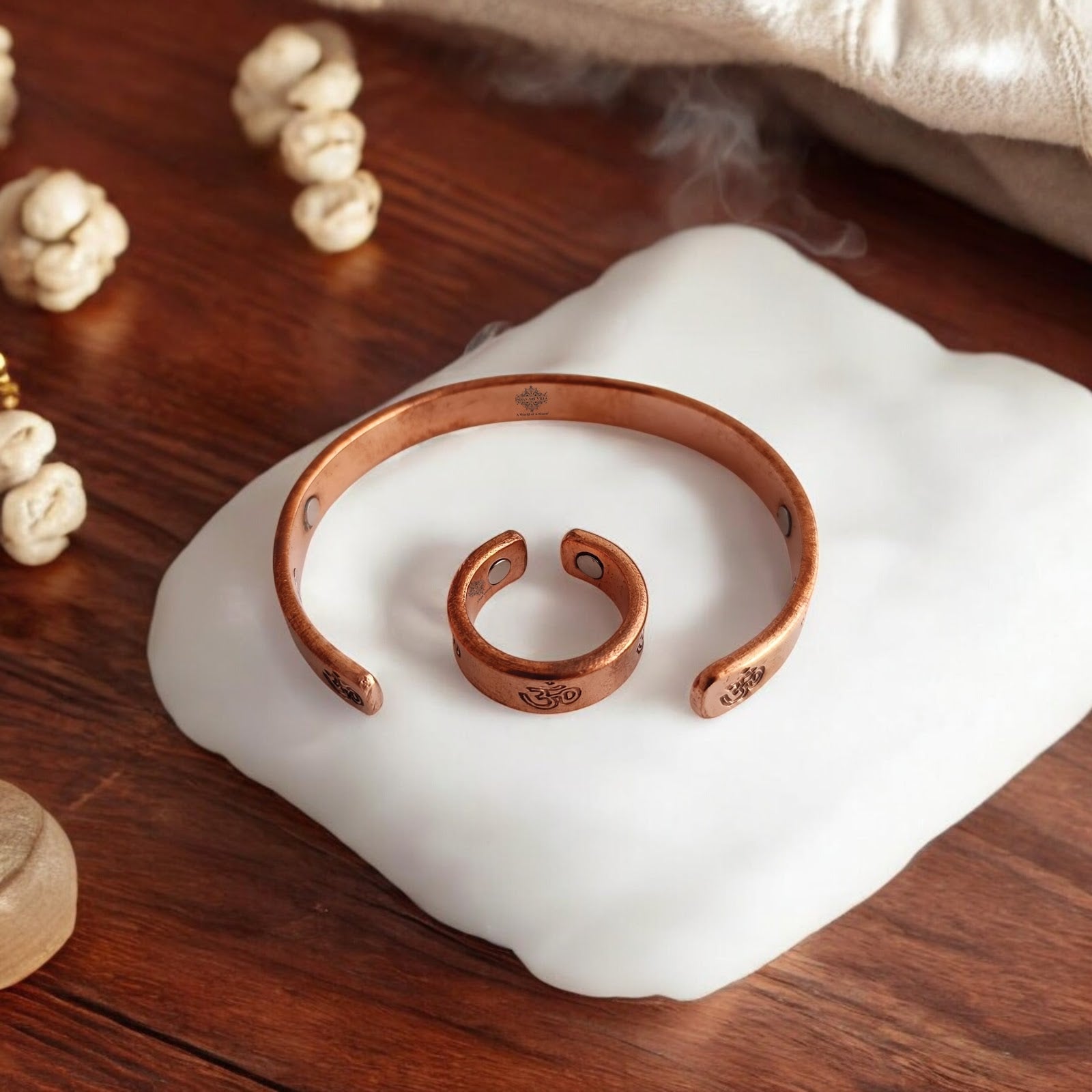 Pure Copper Om Design Bangle with Magnet & Matching Ring