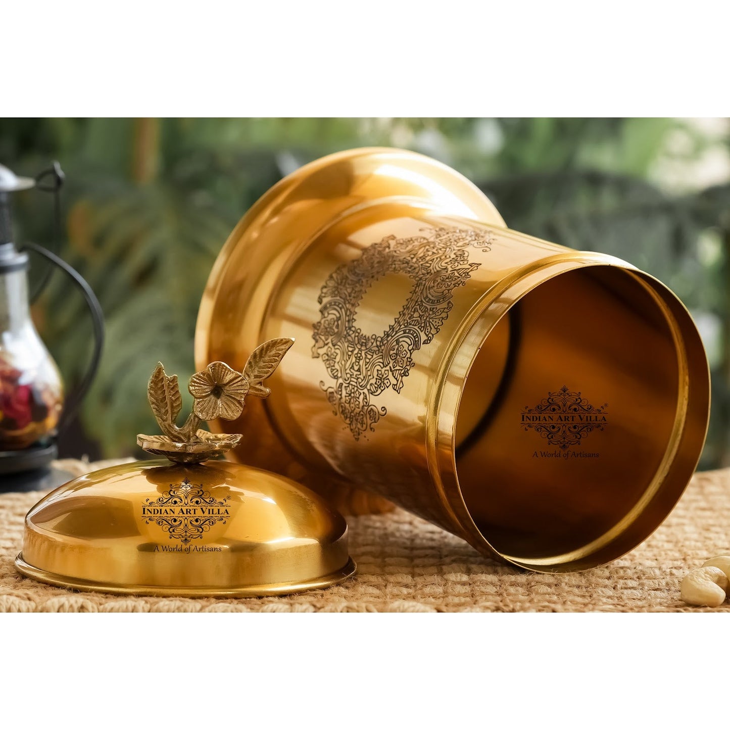 Brass Embossed Dign Jar with leaf knob on lid, Brass Decorative Storage Box