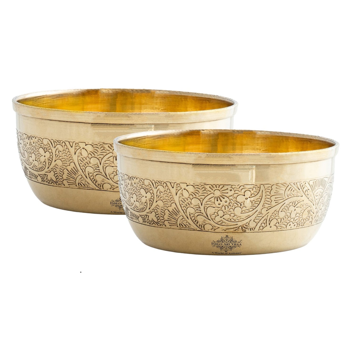 Pure Brass Embossed Design Flat Bottom Bowl, Decorative Dinnerware, Tableware and Serveware for Home Hotel Restaurant, Volume-200 ml