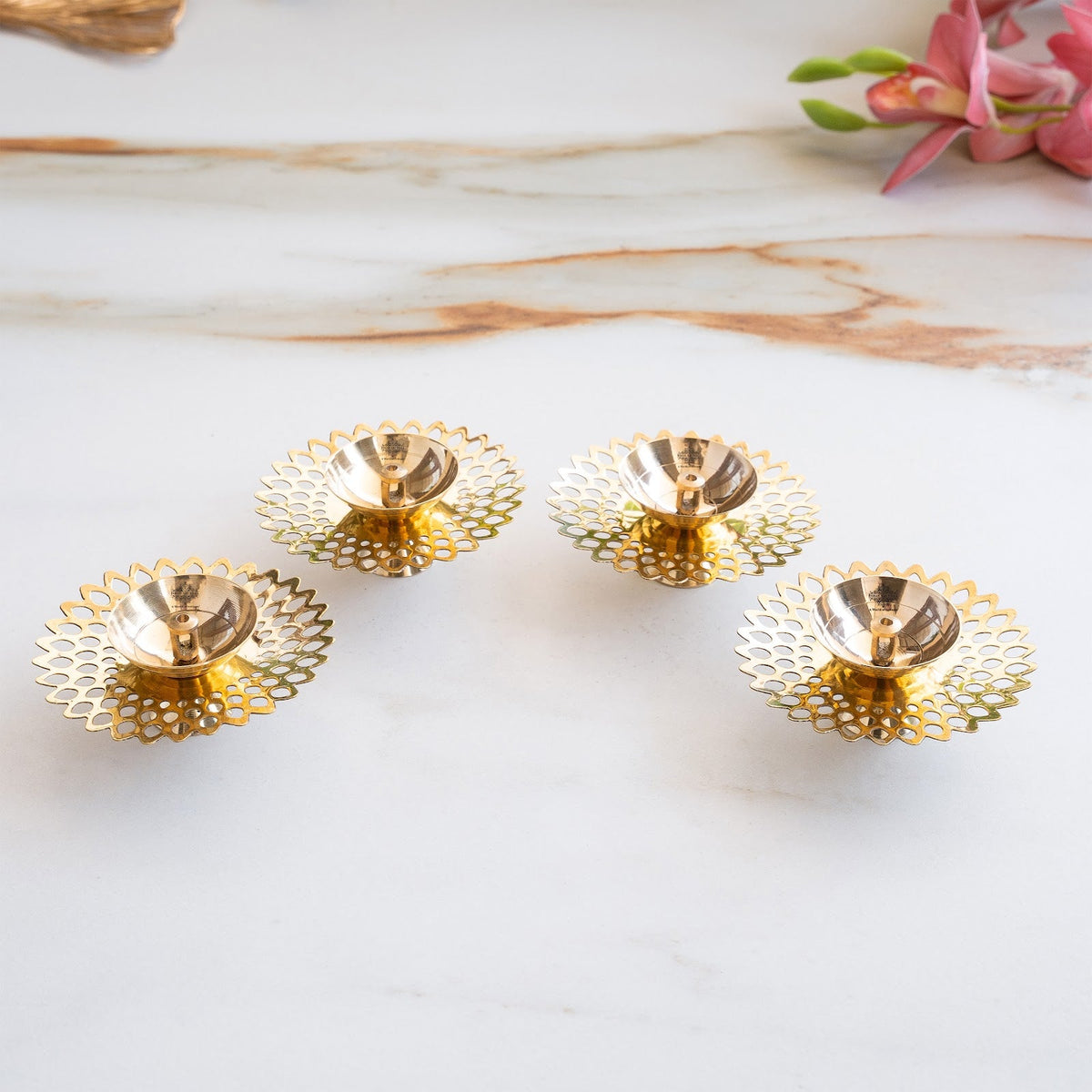 Brass Flower Jali Design Diya Set of 4