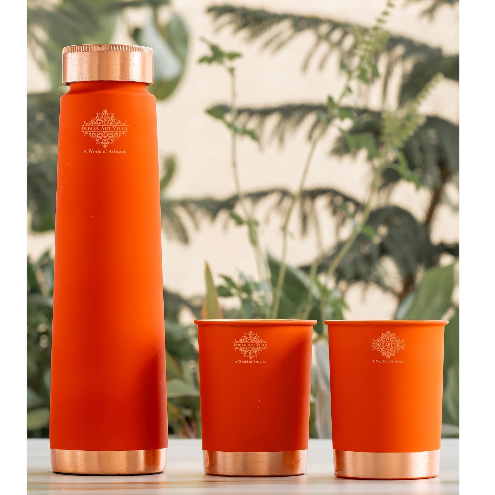 Pure Copper Bottle And Glass Set With Silk Finish Pyramid Design