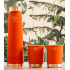 Pure Copper Bottle And Glass Set With Silk Finish Pyramid Design