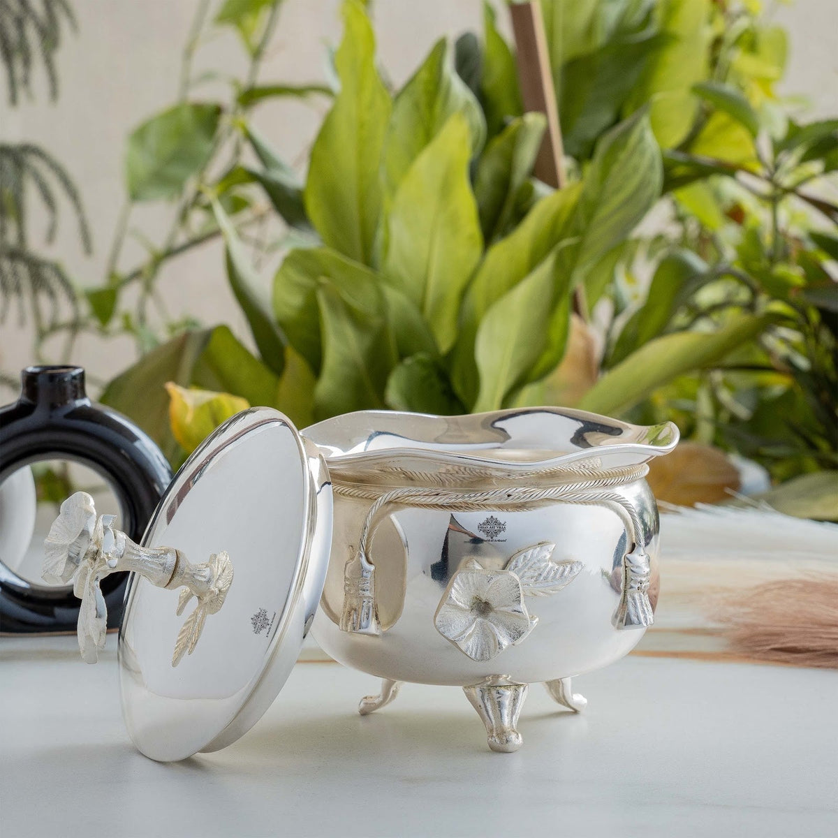 Silver Plated Designer Handi with Ribbon Bow Design With Desiner Lid