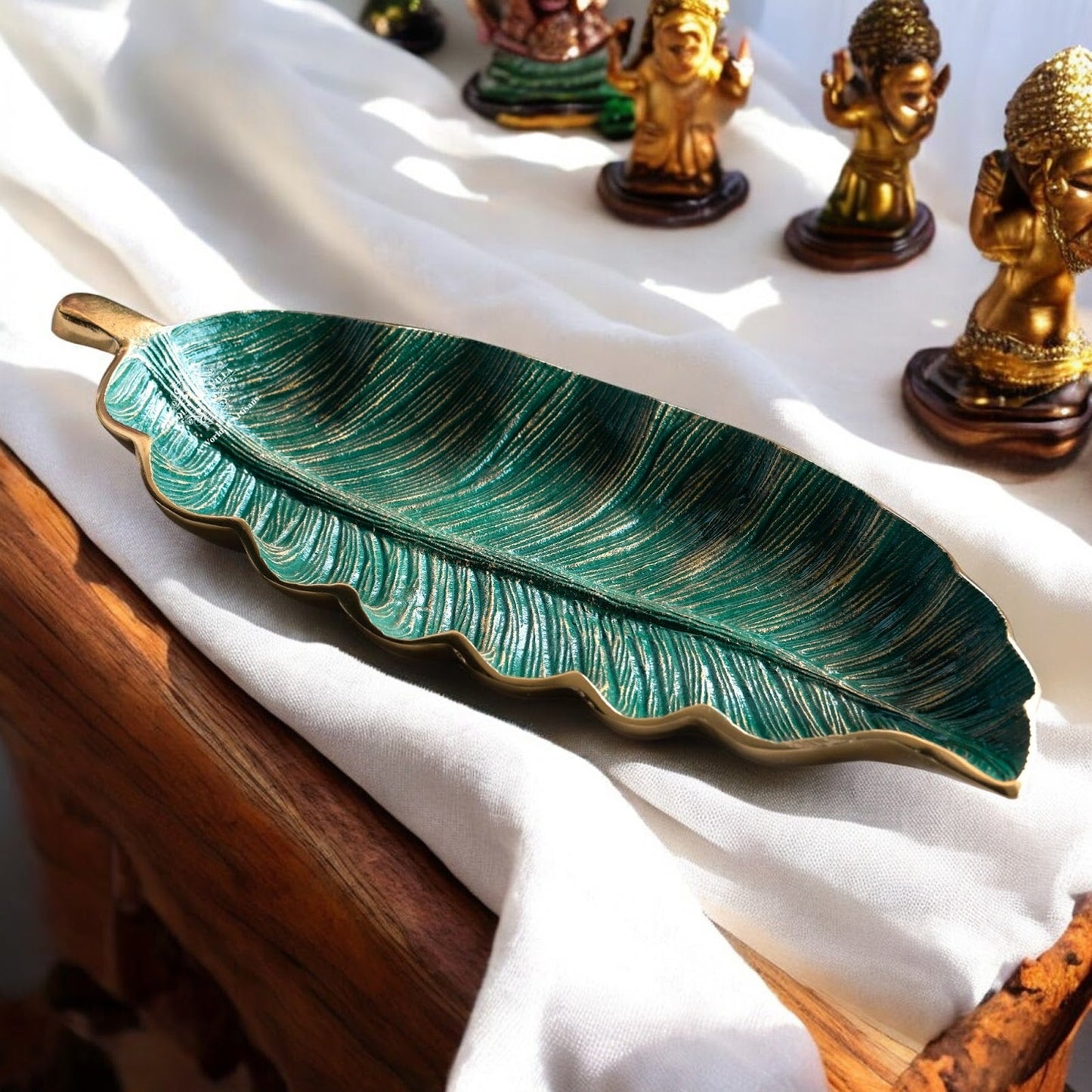 Gold Finish Green Leaf Design Decorative Platter – 43 Cm Banana Leaf Shaped Tray for Home Décor