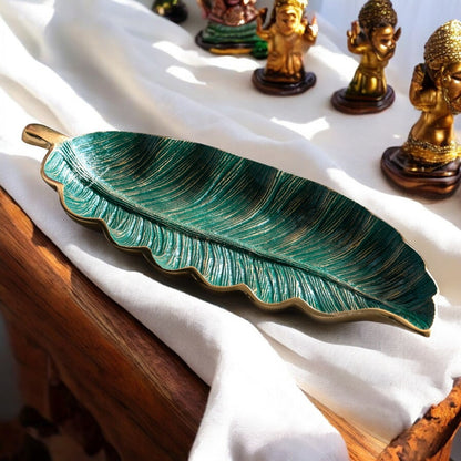 Gold Finish Green Leaf Design Decorative Platter – 43 Cm Banana Leaf Shaped Tray for Home Décor