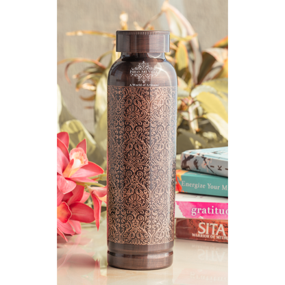 Pure Copper Drinkware Bottle with Antique Dark Embossed Design – 900 ML