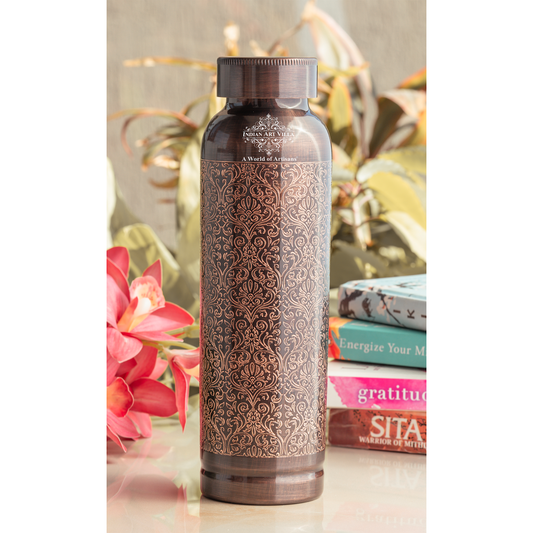 Pure Copper Drinkware Bottle with Antique Dark Embossed Design – 900 ML
