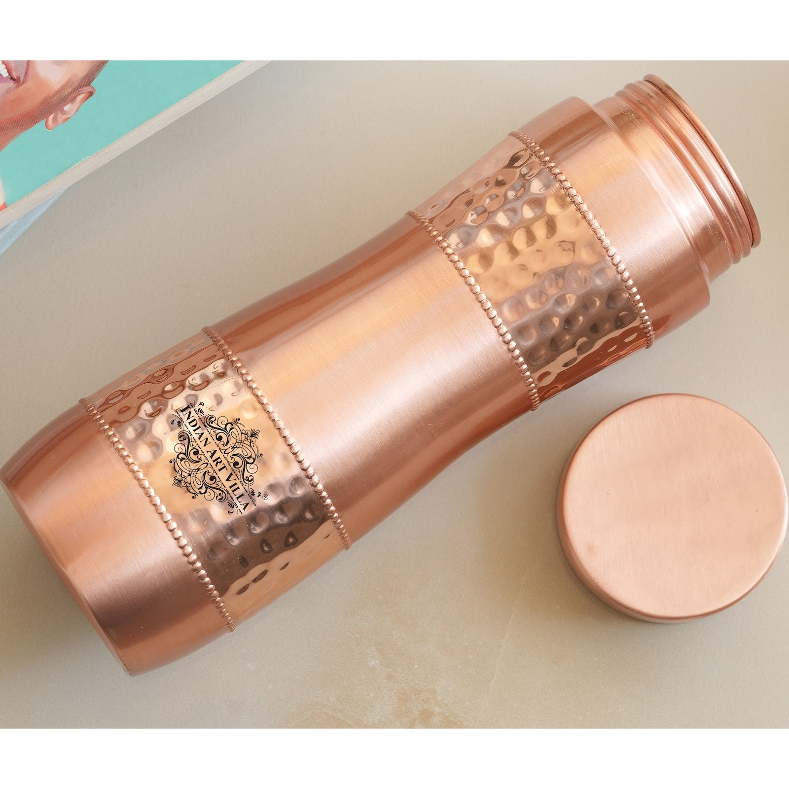 Copper Water Bottle with Half Hammered And Half Lacquer Coating