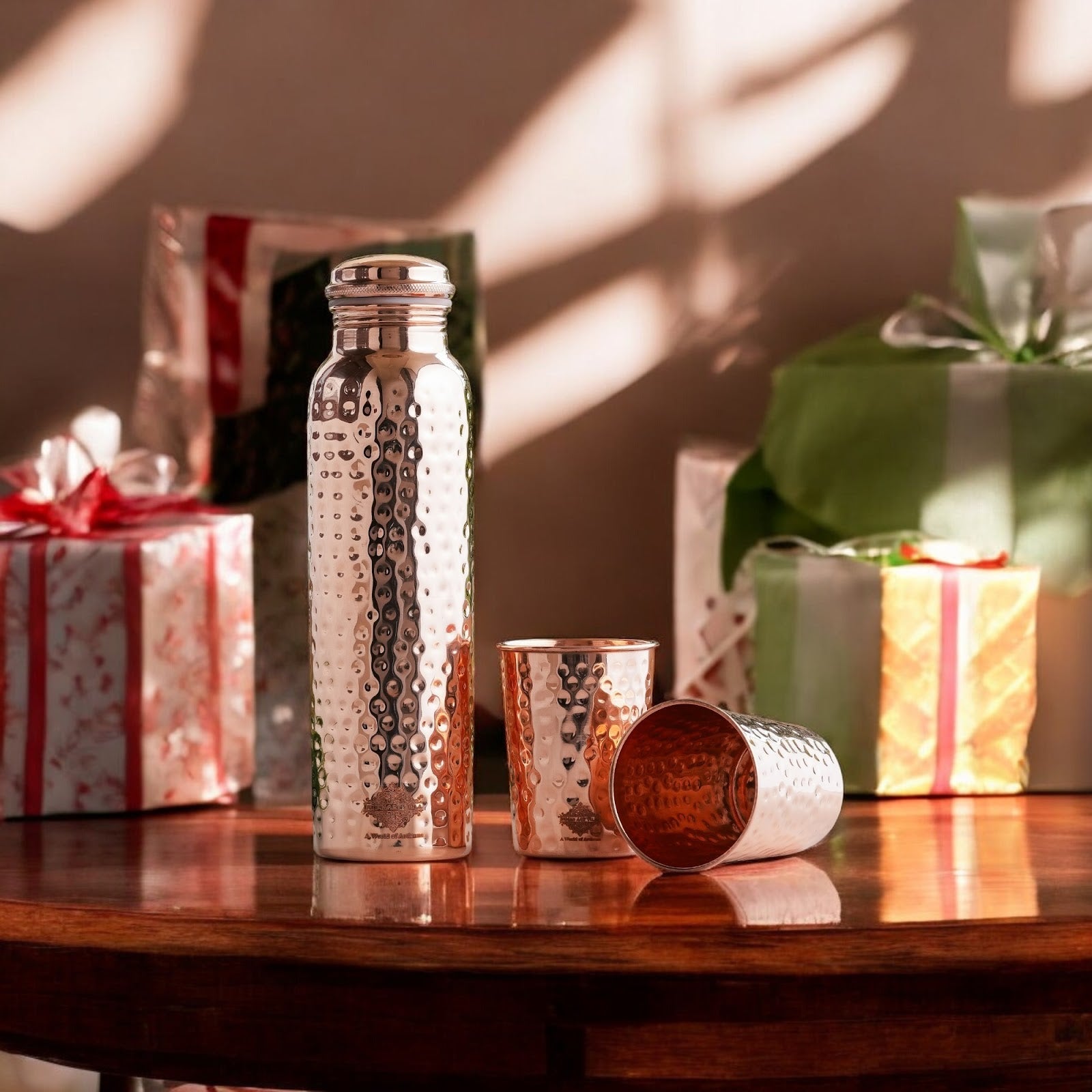 Pure Copper Hammered Leak Proof Water Bottle & Two Glass
