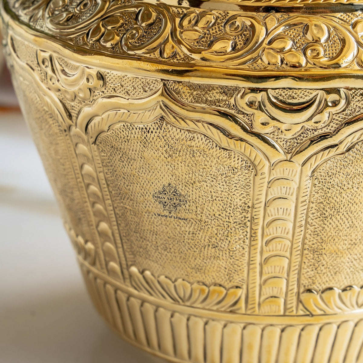 Pure Brass Embossed Design Kalash with Scrollwork & Floral Base - 3950ml