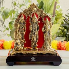 Brass Finish Ram Darbar Murti with Wooden Base for Home Temple