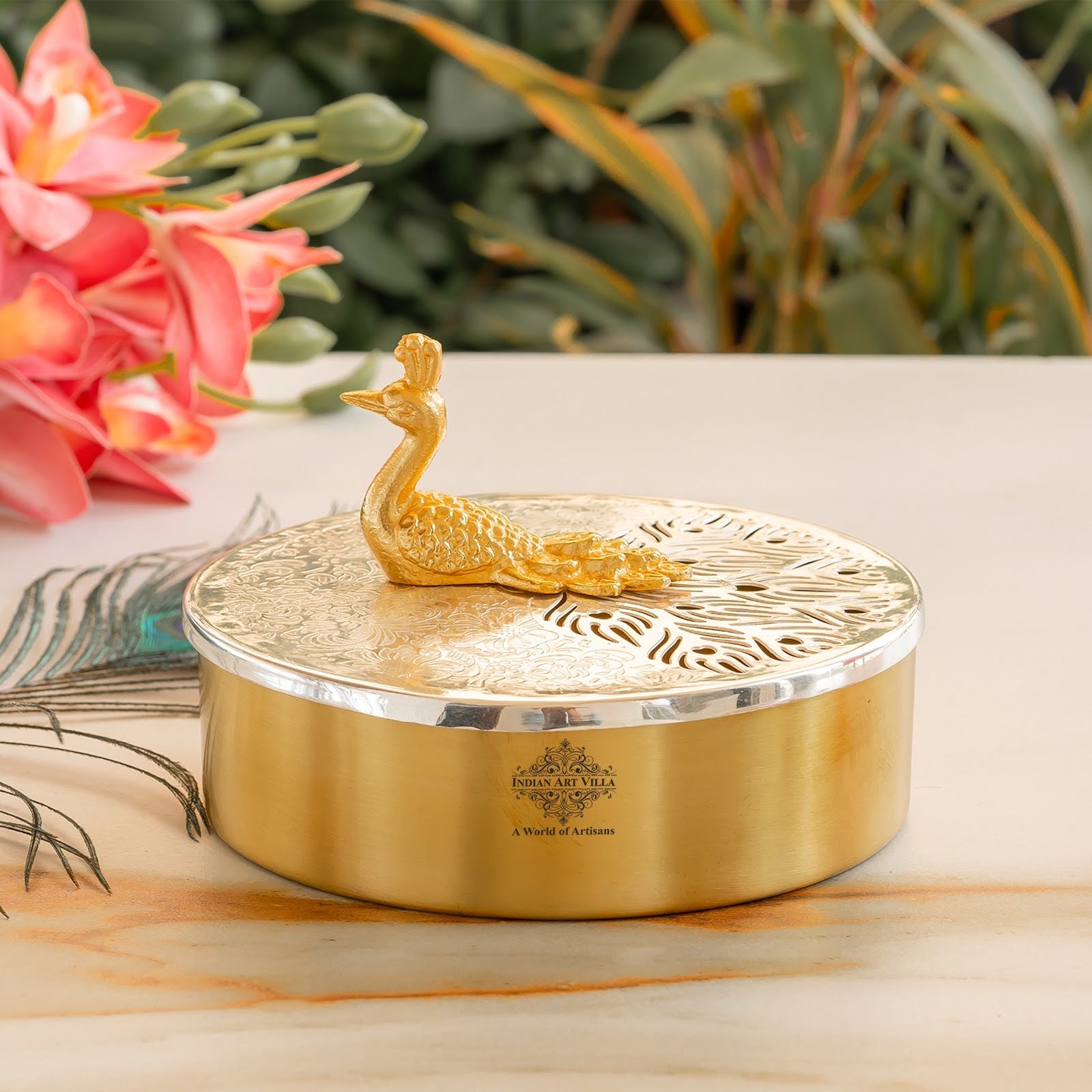 Silver Plated Brass Decorative Box With Peacock Design Knob, Ideal For Gifting