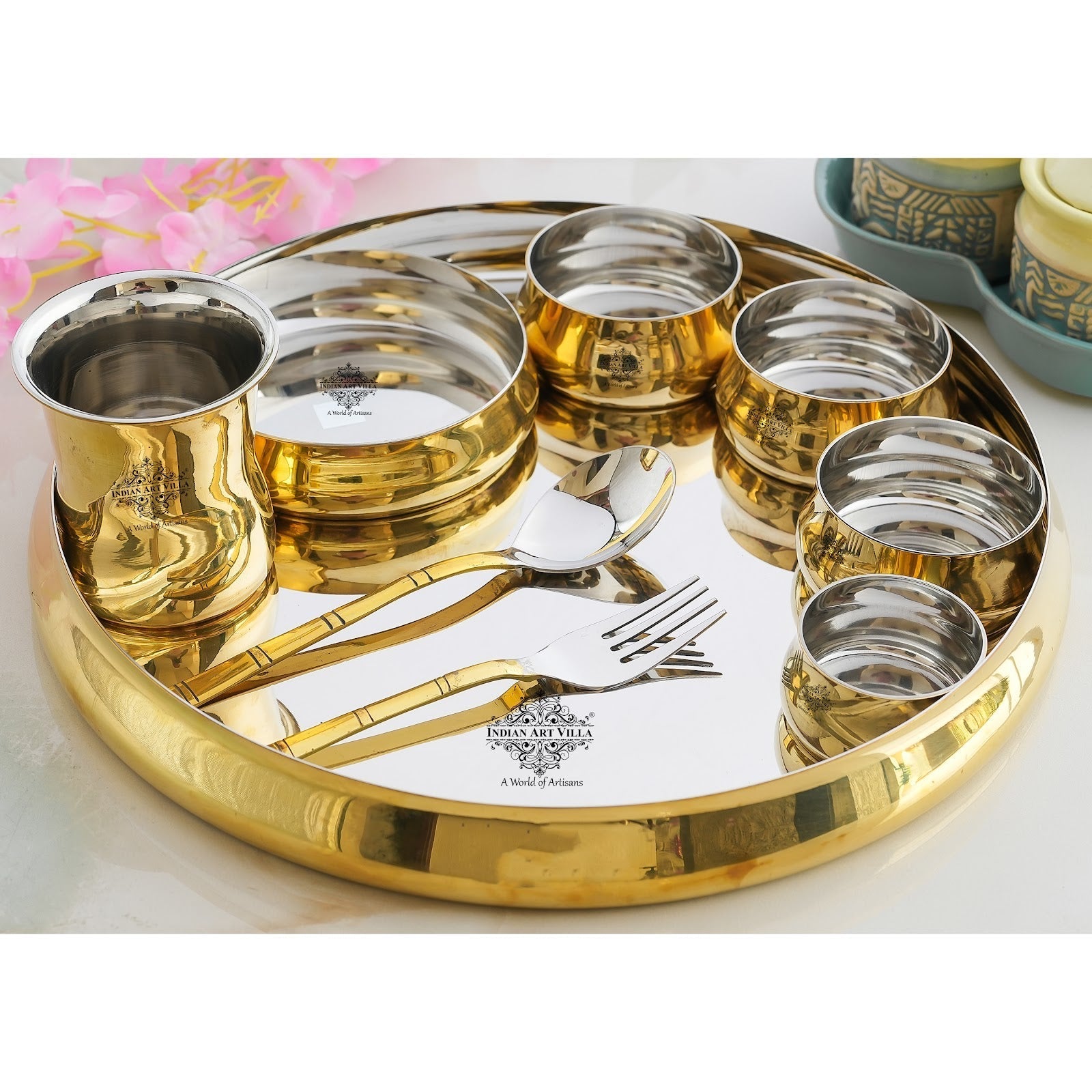 Steel Brass Curve Thali Set 9 Piece, Hammered Antique Finish Design Dinner Set