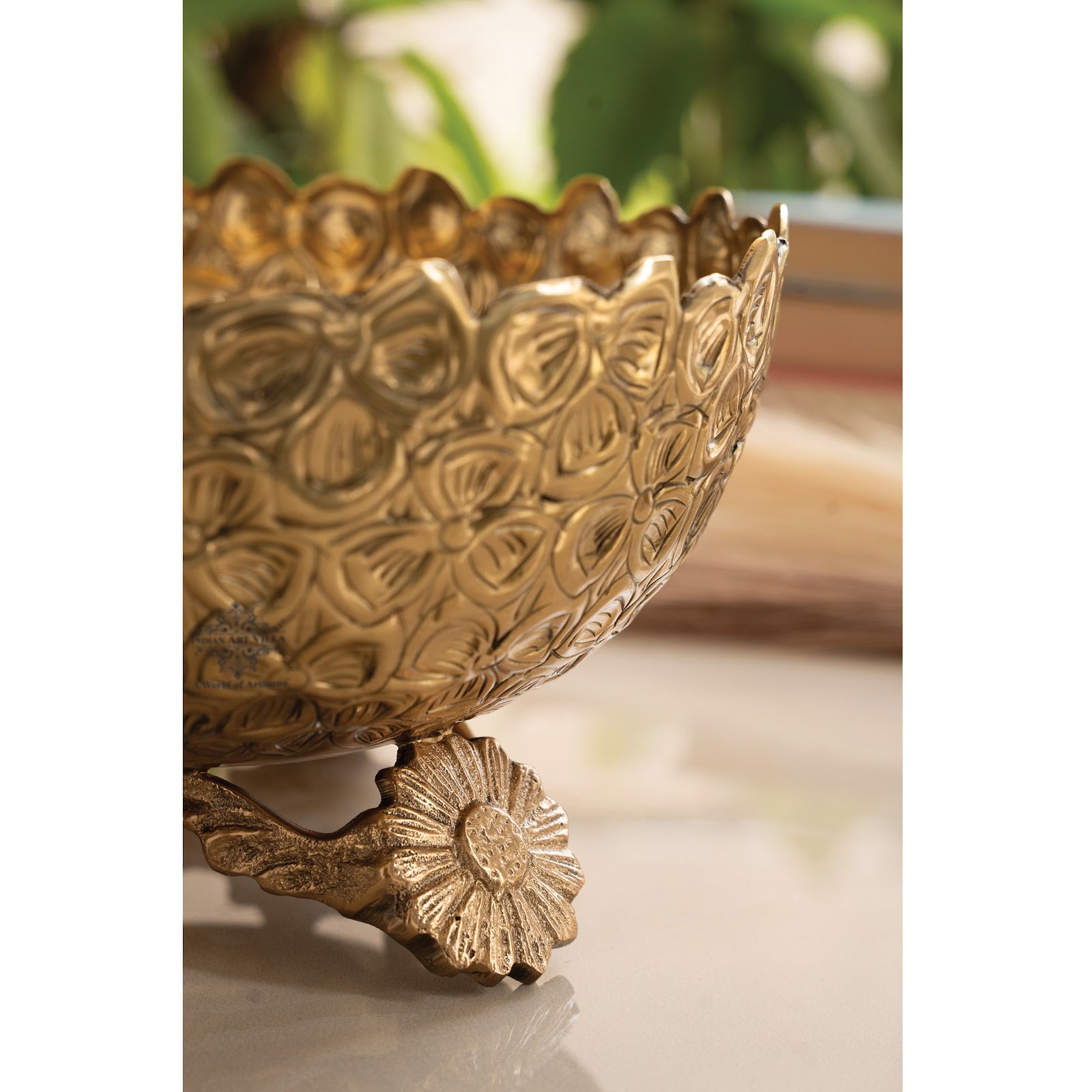Brass Decorative Floral Embossed Fruit Bowl – 7.9 Inch, 1550 ML Golden Finish Brass Bowl with Pedestal, Handmade Serving & Display Bowl for Dry Fruits, Snacks, Fruits, Table Décor, and Gifting