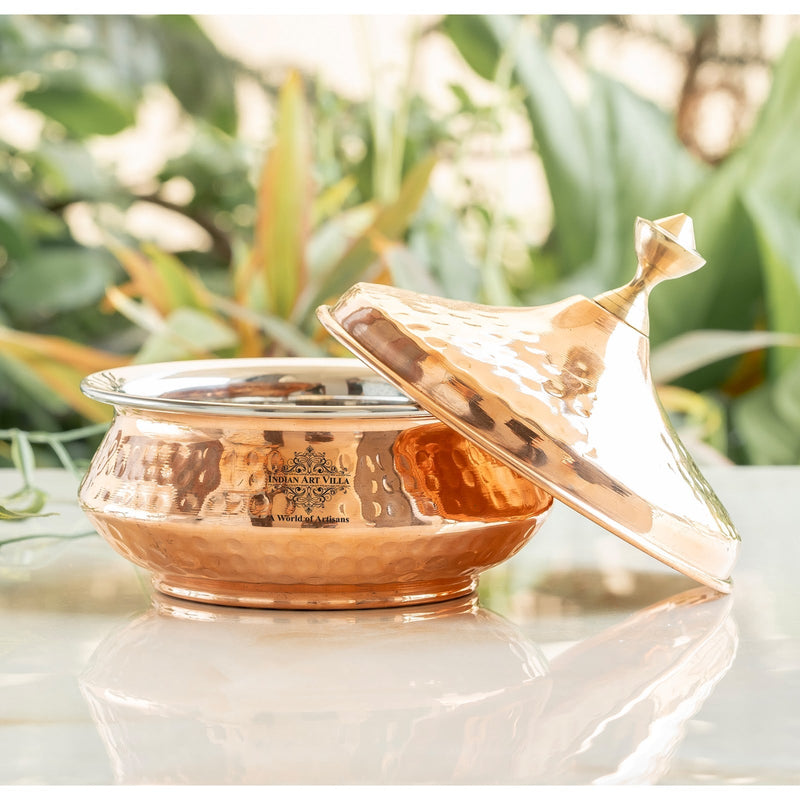 Steel Copper Mughlai Handi with Copper Lid and Brass Knob, 330 ML & 1350 ML – Hammered Design Serveware, Perfect for Home & Restaurant Use