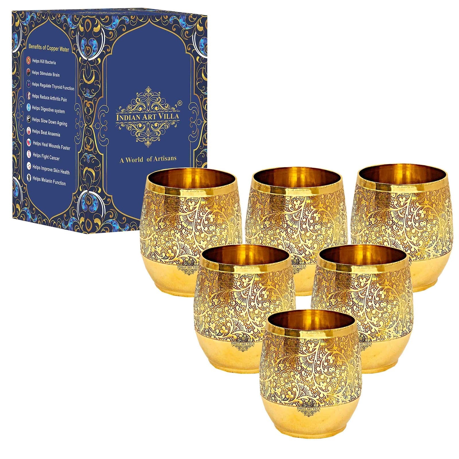 Handmade Pure Brass Embossed Flower Design Glass, Tumbler, 300 ml