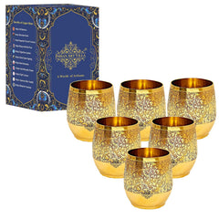 Handmade Pure Brass Embossed Flower Design Glass, Tumbler, 300 ml