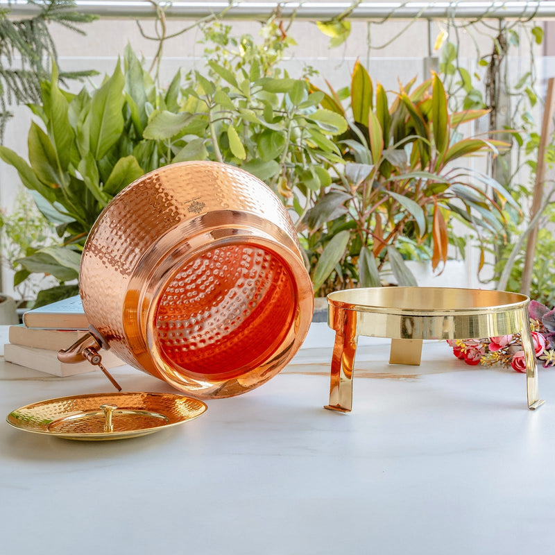 Pure Copper Water Dispenser Matka with Lid & Stand | Hammered Design 6500 ML