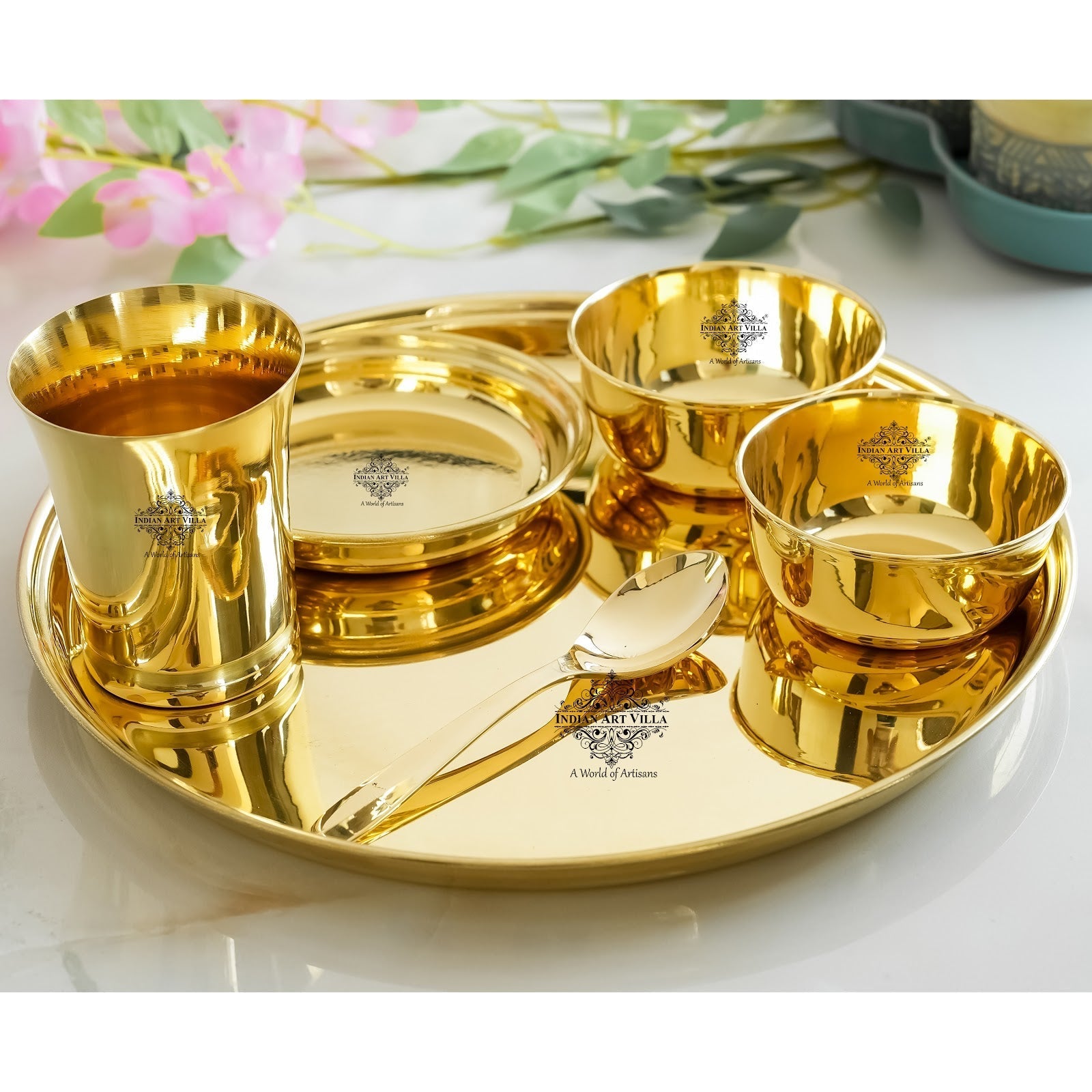 Pure Brass Matt Finish & Hammered 7 Pieces Dinner Set / Thali Set | DinnerWare |