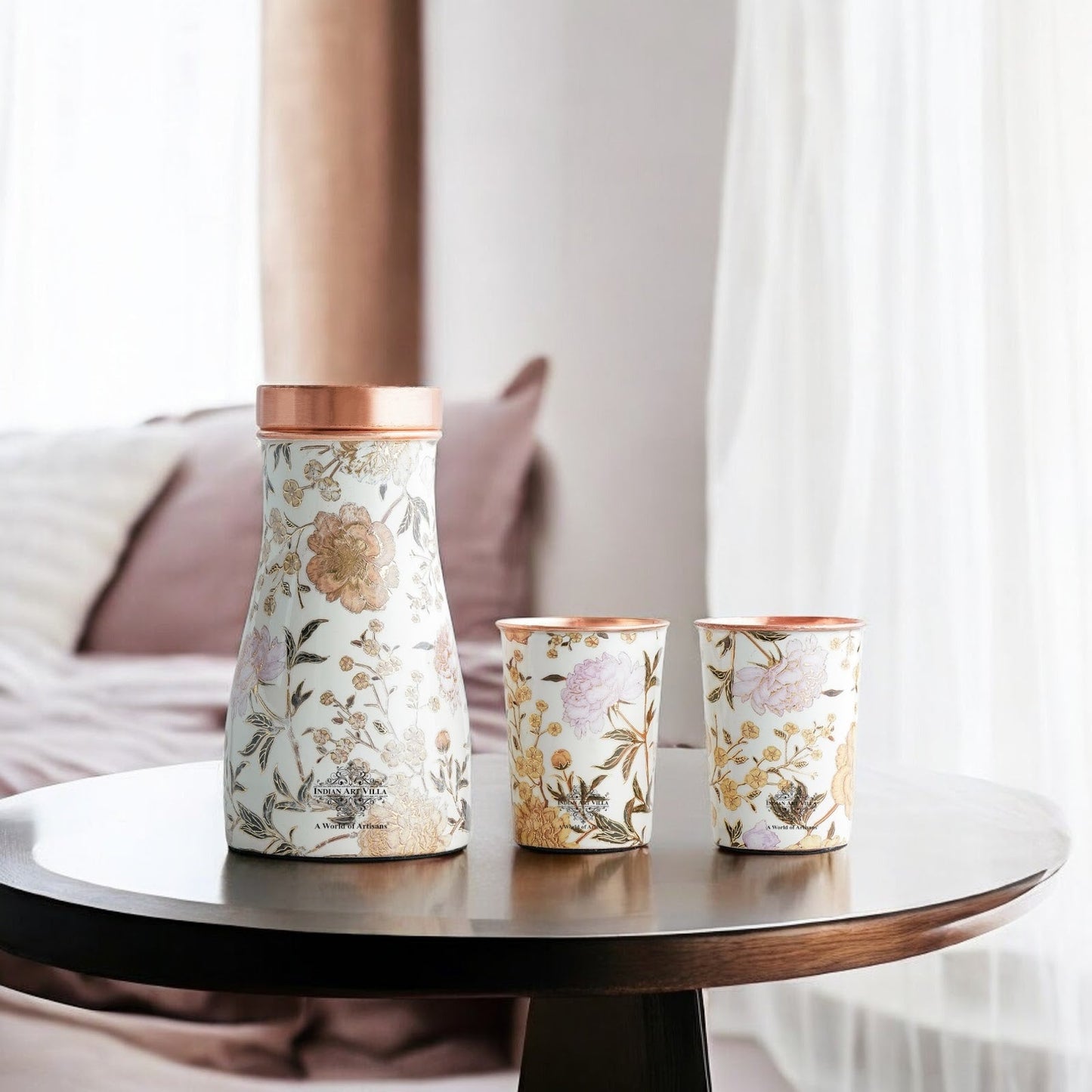 Copper Gold Printed Bedroom Bottle with 2 Glass Set – 900 ML Bottle & 300 ML Glass