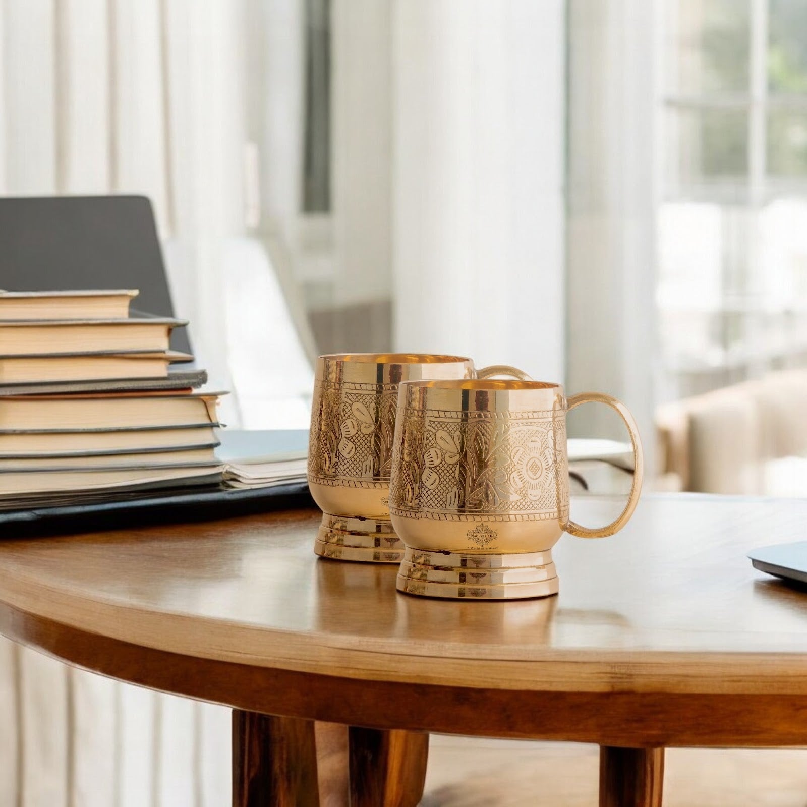 Pure Brass Embossed Design Cup with Handle – 200 ML | Traditional Handcrafted Mug for Serving Water, Milk, or Herbal Drinks