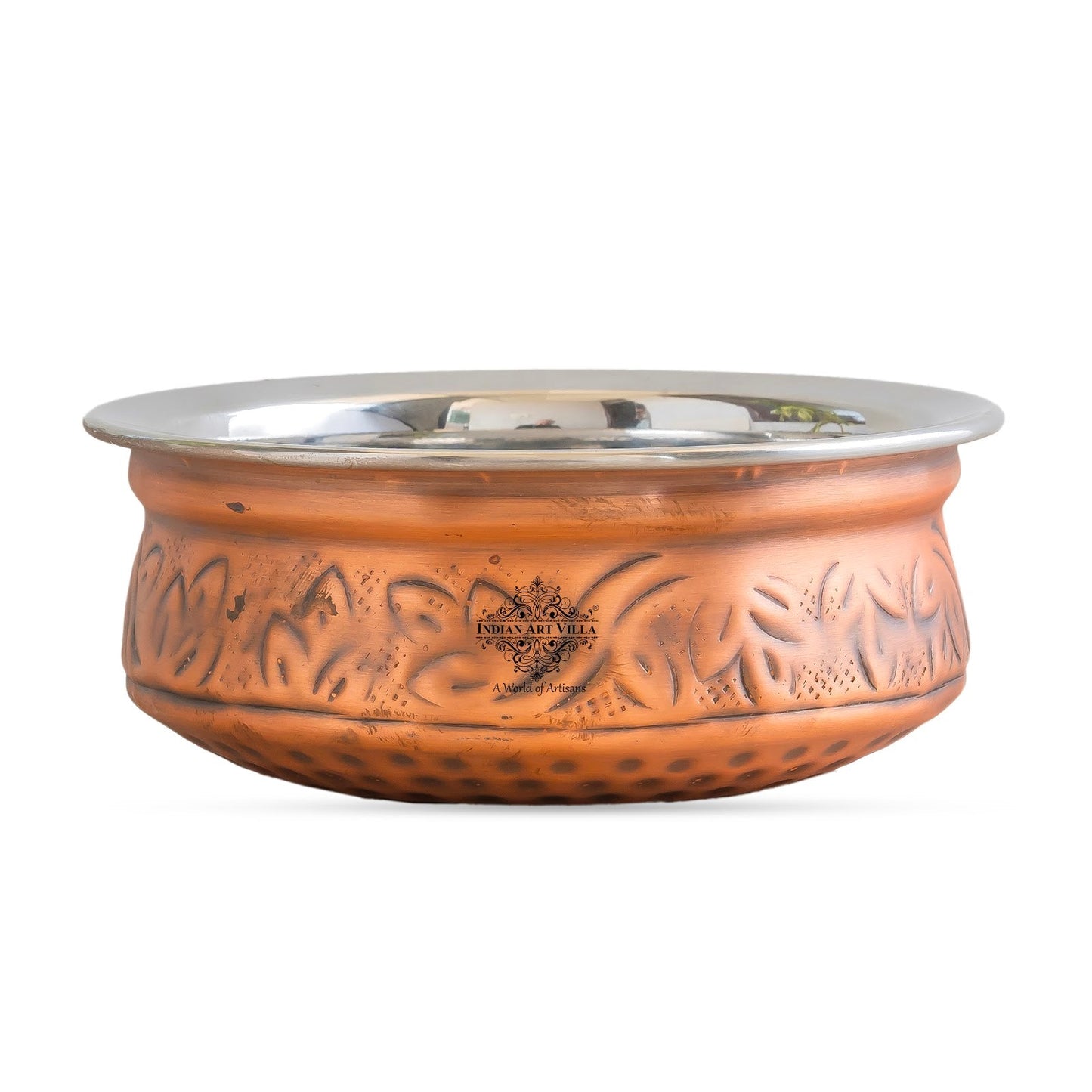 Indian Art Villa, Pure  Steel Copper Embossed Design Serving Handi/Bowl/Casserole, Ideal for Home & Restaurant Tableware and Serveware