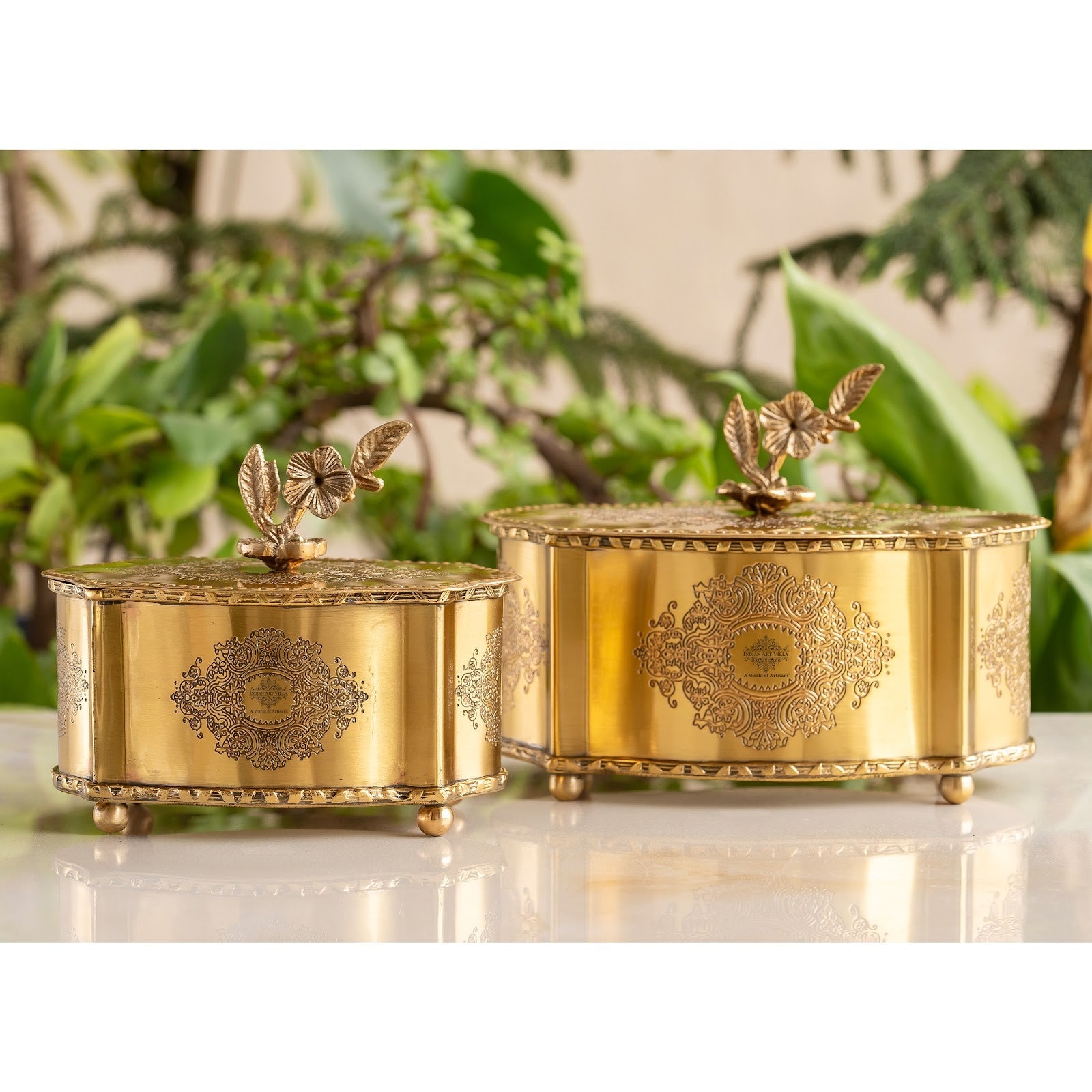 Royal Brass Dry Fruit Box with Floral Lid – Handcrafted Elegance |  Brass Decorative Box