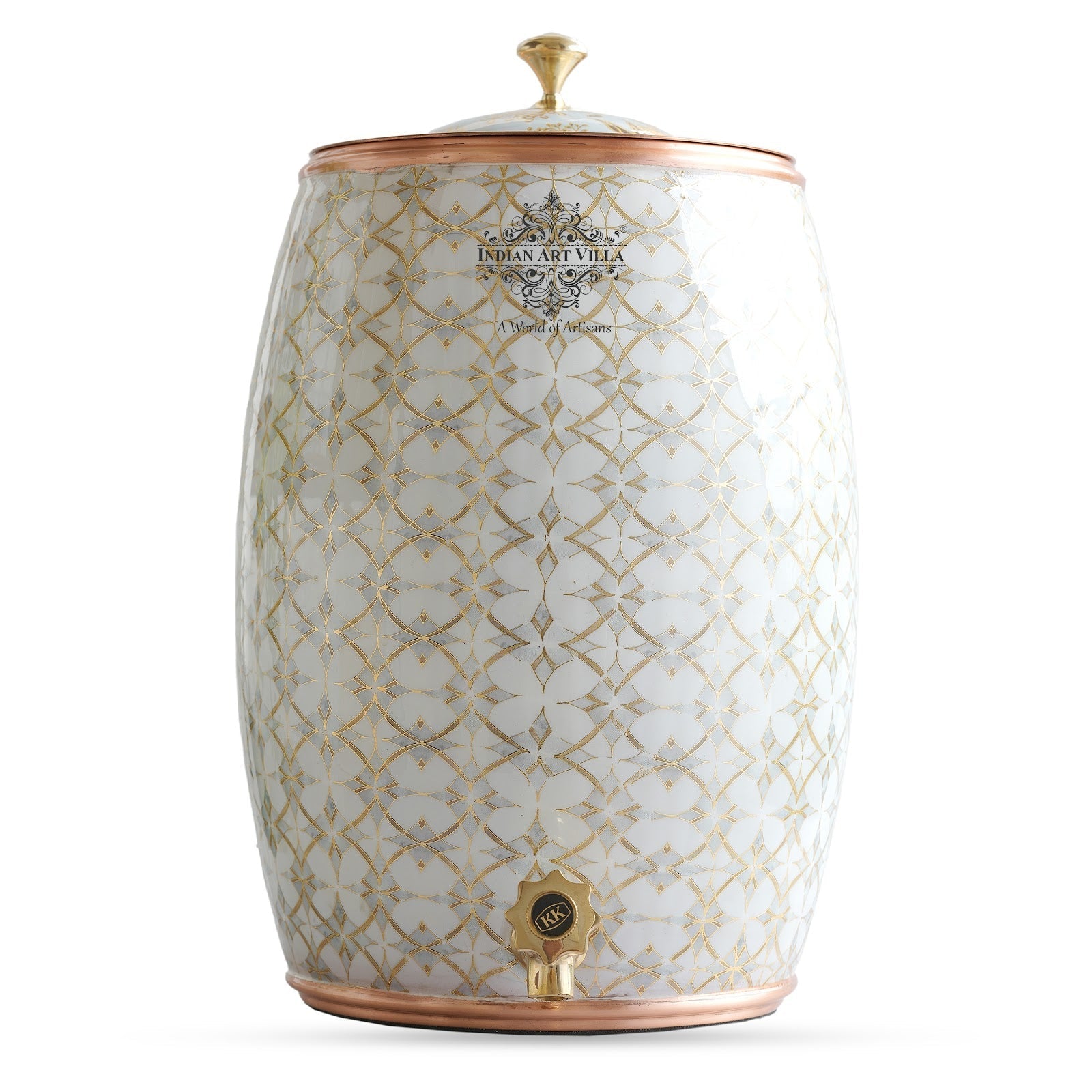 Handcrafted Pure Copper Water Pot with Gold Print Design, Ayurveda Water Vessel, 10 Ltr.