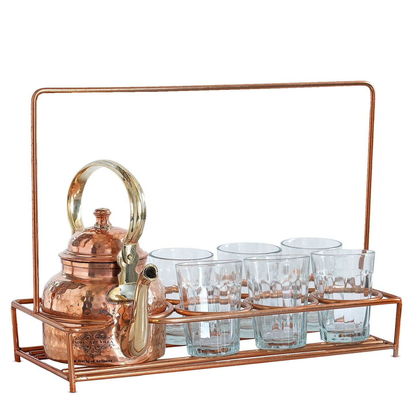 Copper Hammered Tea Pot with Brass Handle with 4 or 6 Glass Tea Cup