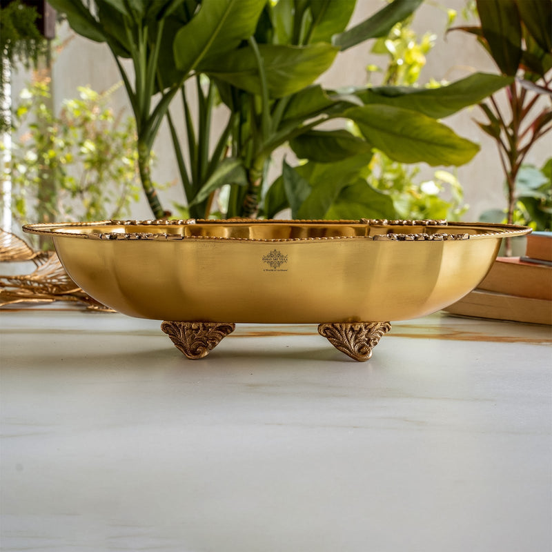 Pure Brass Oval Tray With Antique Floral Design For Home Décor - 31.75 cm