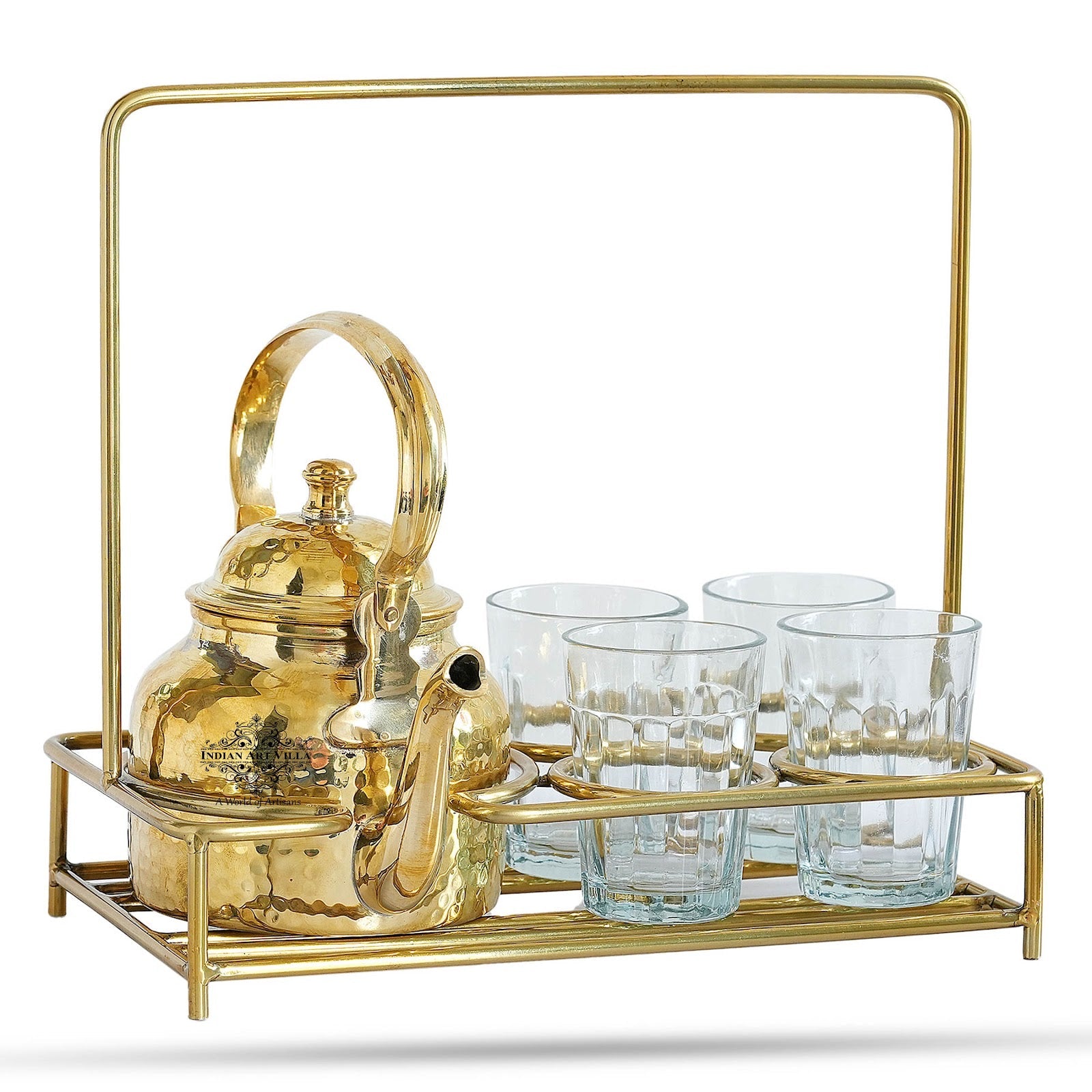 Handcrafted Pure Brass Hammered Tea Pot with Brass Stand with 4 Glass Tea Cup