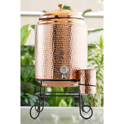 Pure Copper Hammered Design Water Pot Heavy Gauge with Brass Tap & Copper Glass & Stand, Volume- 10 liters