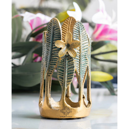 Gold Finish Green Leaf Design Decorative Cutlery Stand– Elegant Handcrafted Multipurpose Holder, Ideal for Dining Table, Kitchen, and Gifting