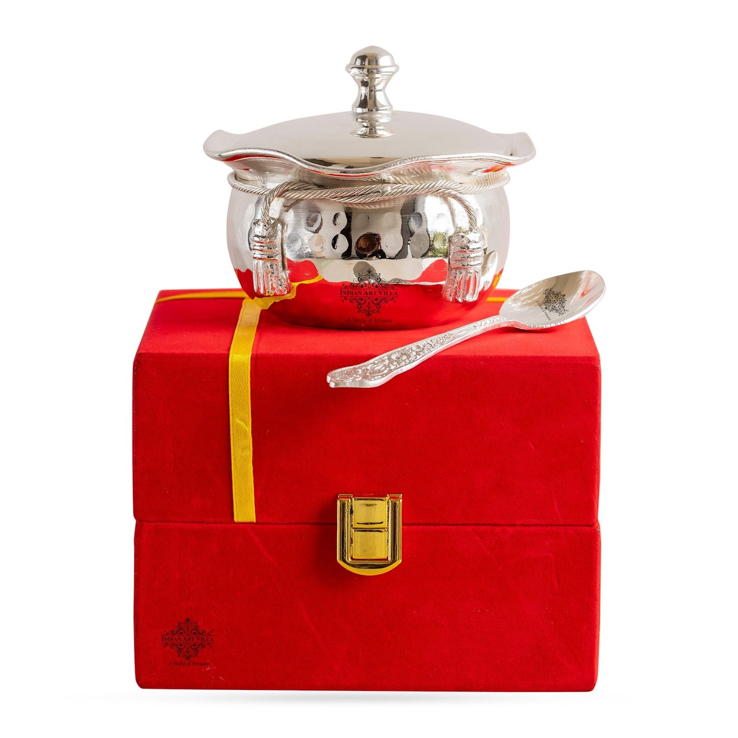 Silver-Plated Hammered Bowl with Lid & Spoon - Elegant Gift Box Set for Special Occasions