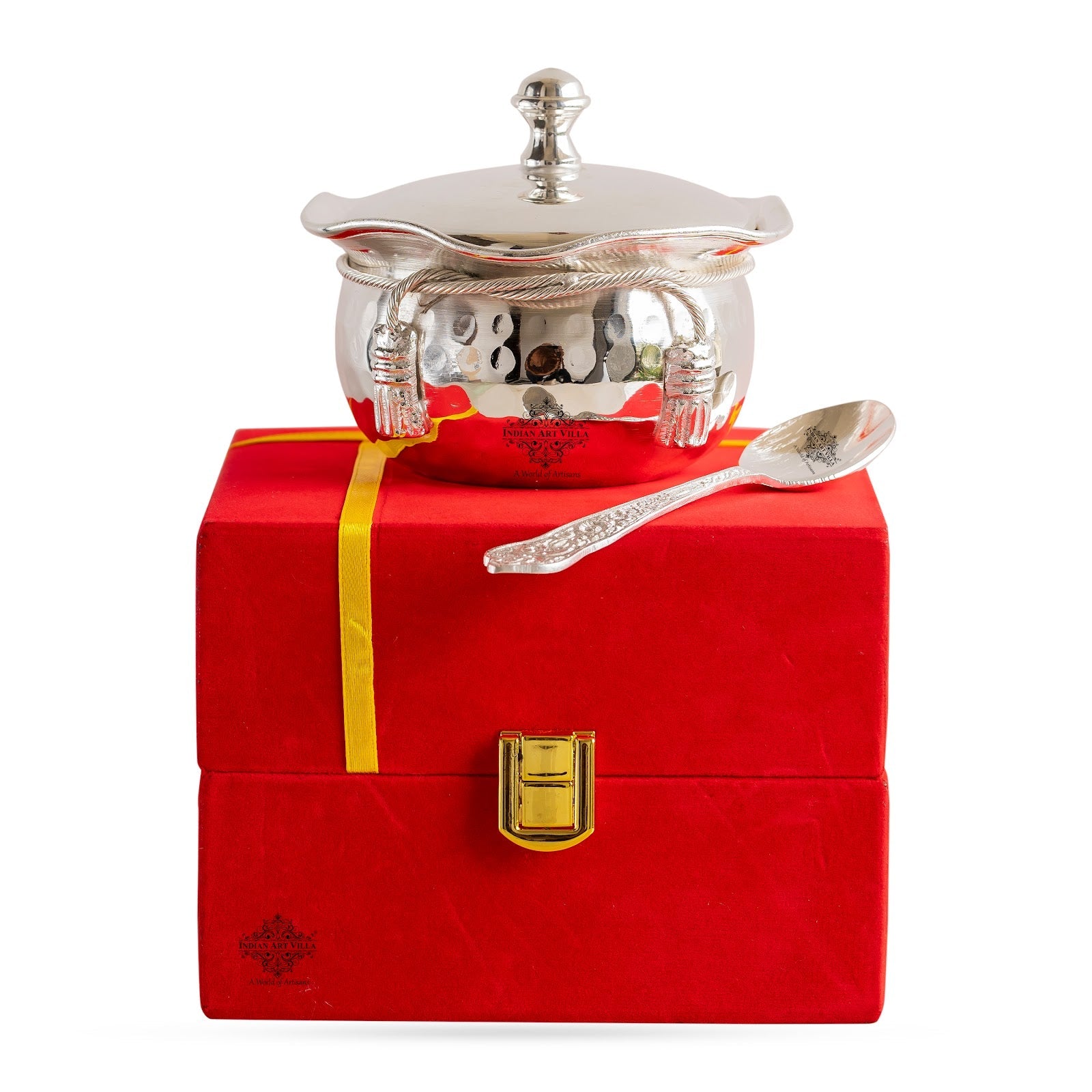 Silver-Plated Hammered Bowl with Lid & Spoon - Elegant Gift Box Set for Special Occasions