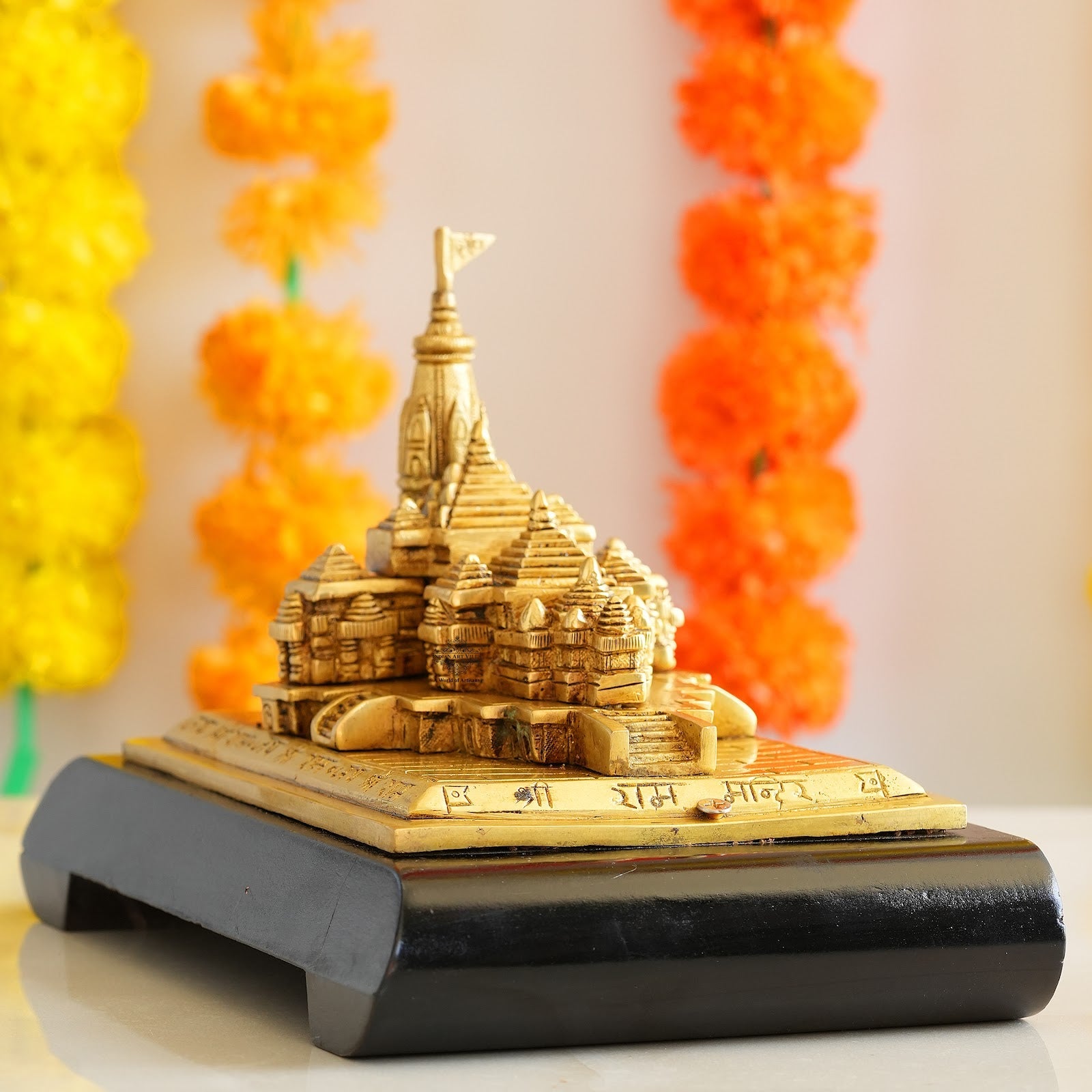 Handcrafted Wooden Brass Ram Mandir/Temple, Ayodhya Model 3D Replica, Traditional, 16.51 cm Width