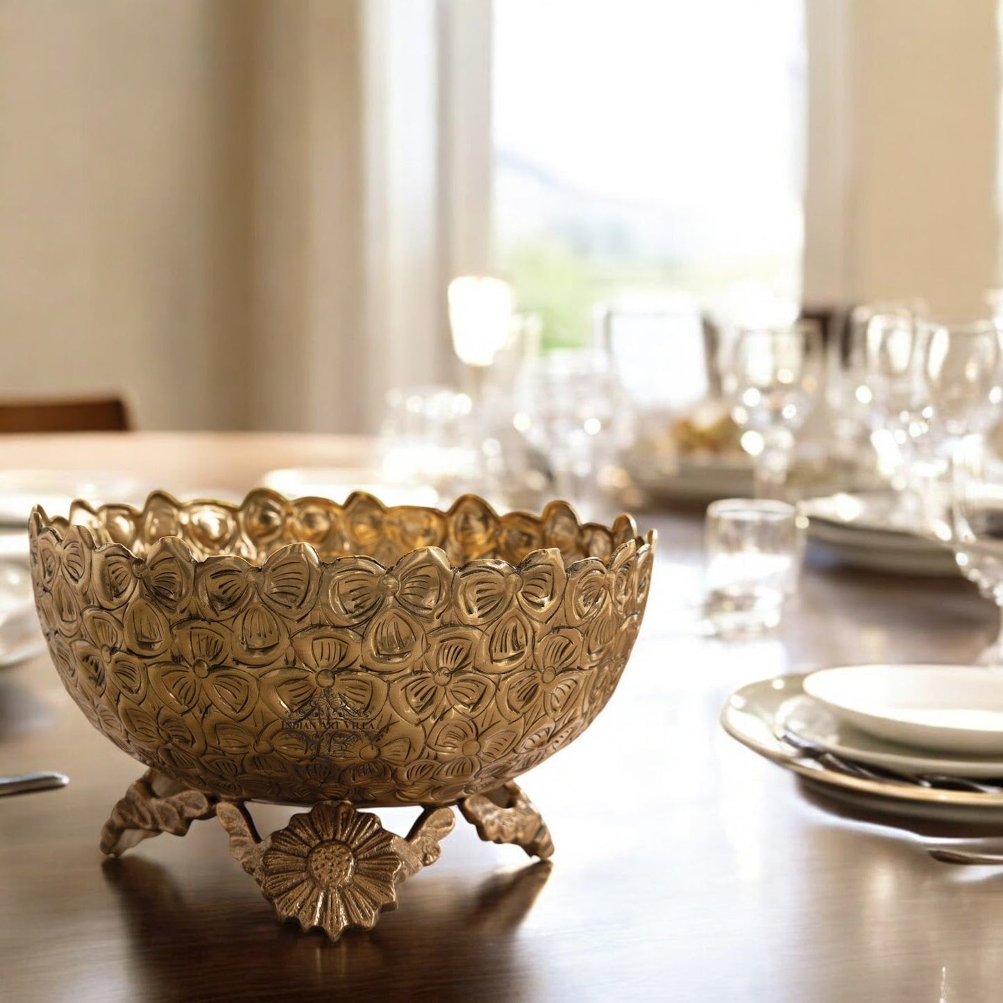 Brass Decorative Floral Embossed Fruit Bowl – 7.9 Inch, 1550 ML Golden Finish Brass Bowl with Pedestal, Handmade Serving & Display Bowl for Dry Fruits, Snacks, Fruits, Table Décor, and Gifting